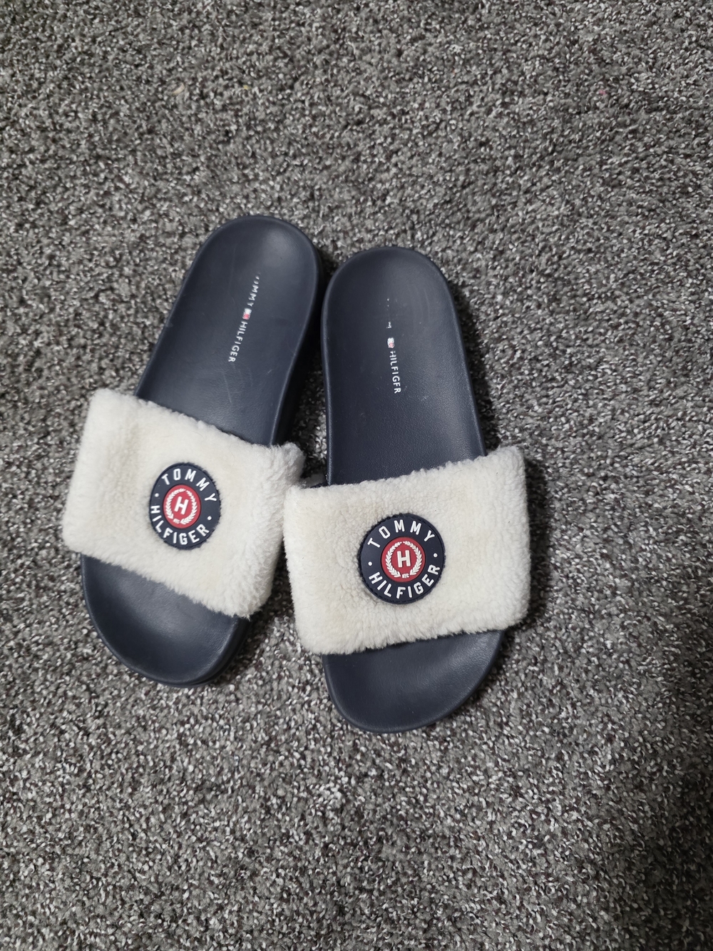 Tommy Hilfiger Navy Slide Sandals with Cream Faux-Shearling Strap